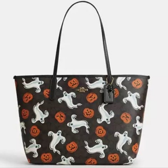 Coach Handbags - NEW Coach Halloween City Tote Bag CCE69 Signature Ghost Pumpkins Spider Charm